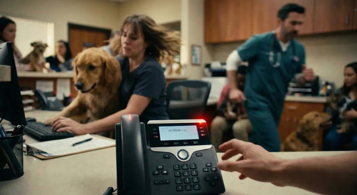 Teléfono sonando en la recepción de una clínica veterinaria sin nadie que lo atienda