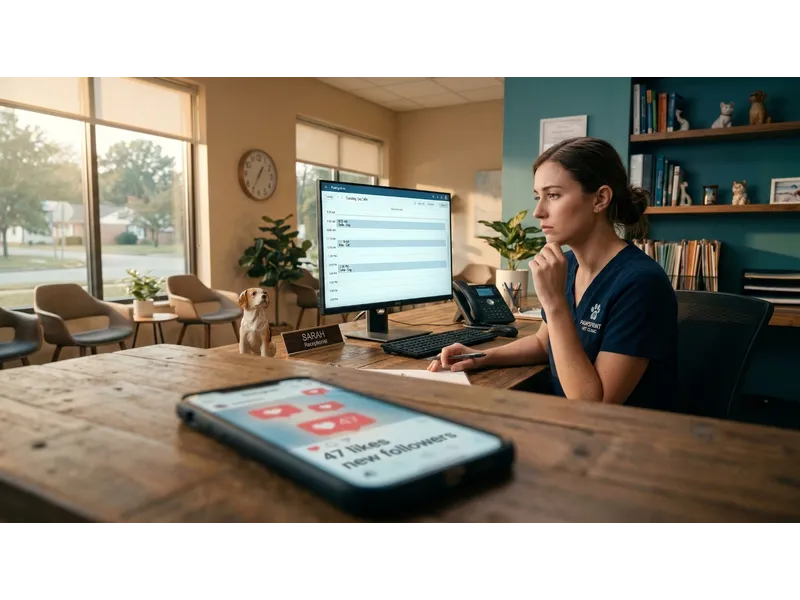 Pantalla de móvil mostrando likes de Instagram junto a una agenda de citas vacía en una clínica veterinaria