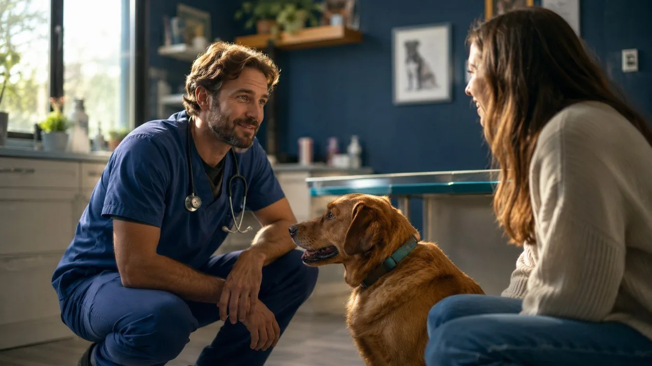 Veterinario atendiendo a un perro junto a su dueña en la consulta