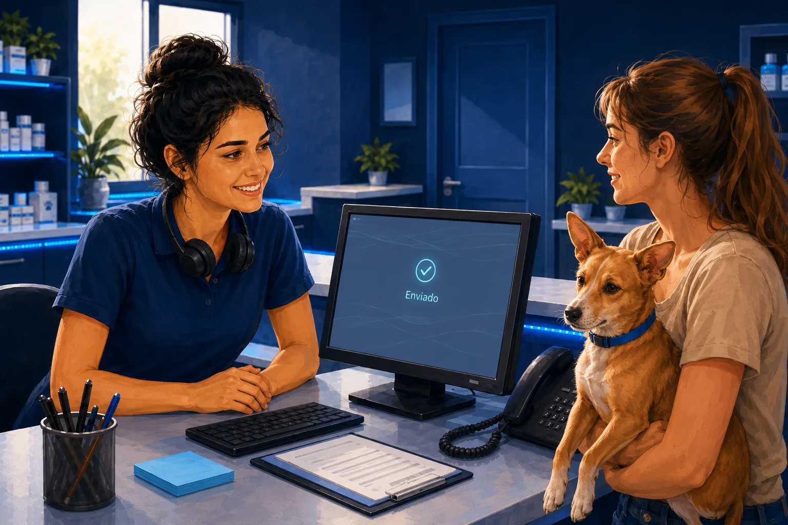 Sara, now calm, smiling as she helps Nube's owner and her puppy while the screen shows the email sent.
