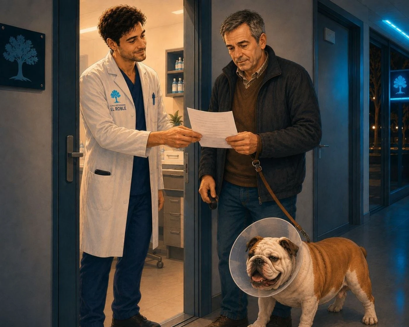 The El Roble veterinary surgeon hands Pacheco the discharge report while Káiser waits in an Elizabethan collar.