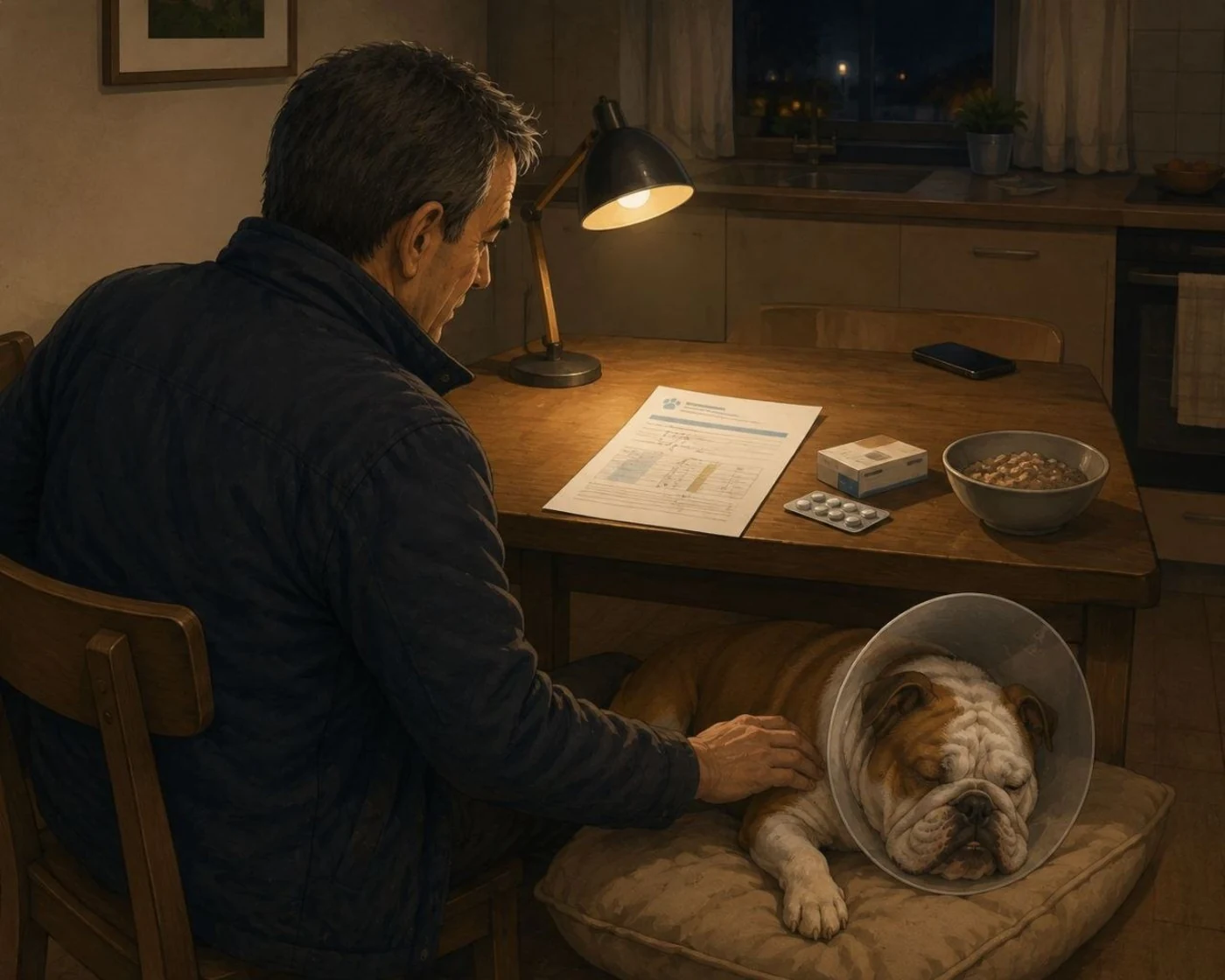 Pacheco reviews the discharge report at home while Káiser rests in an Elizabethan collar with the medication ready.