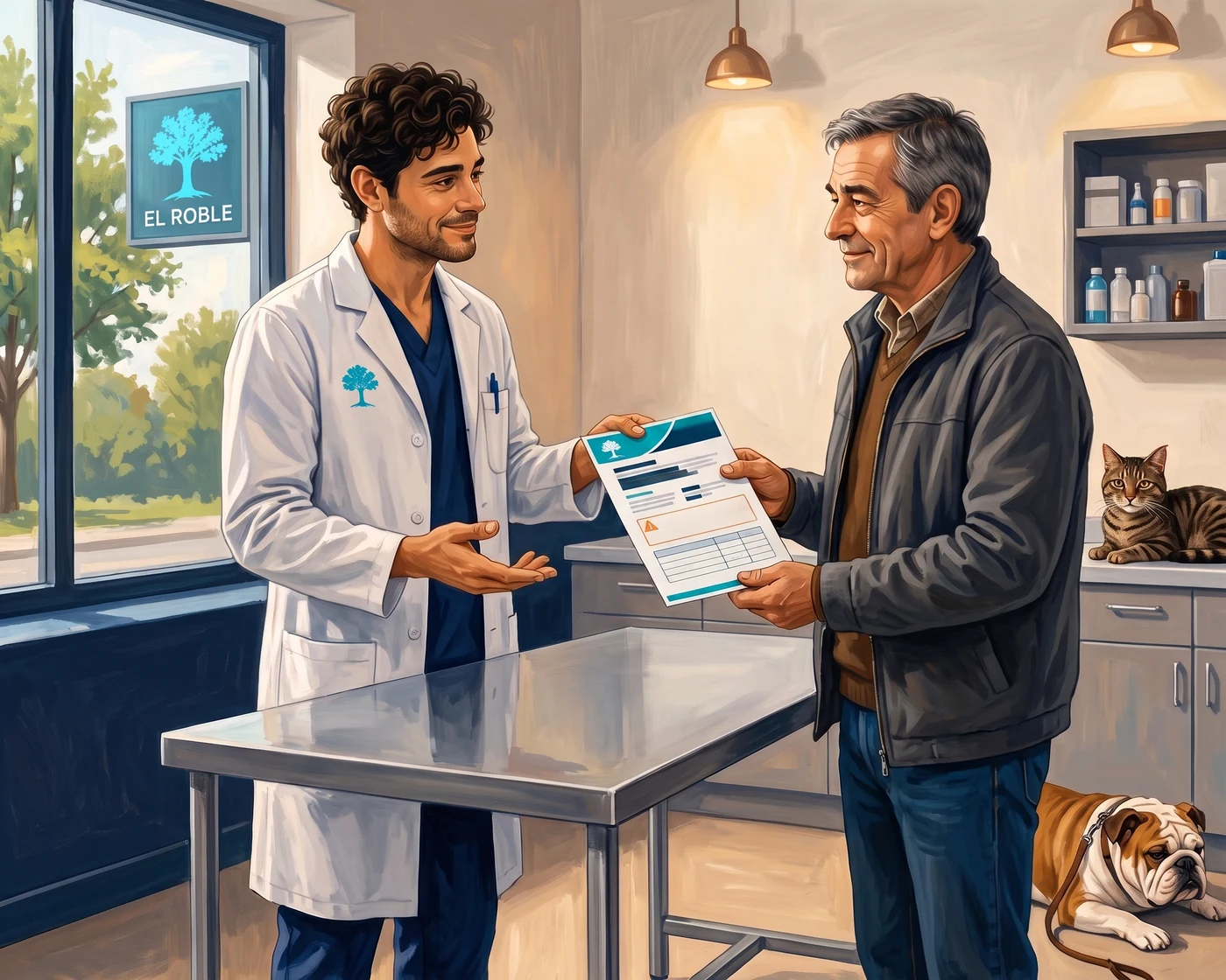 Hugo entrega a um tutor, na consulta, um relatório de alta com o novo modelo corporativo da El Roble.