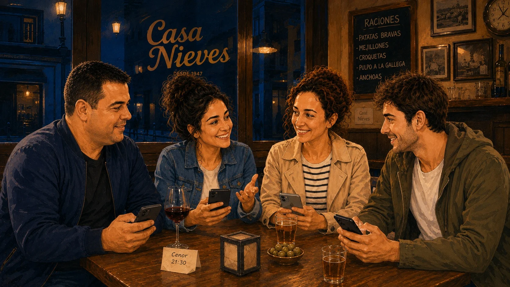 A equipa da clínica El Roble conversa à volta de uma mesa na Casa Nieves, com os telemóveis na mão.