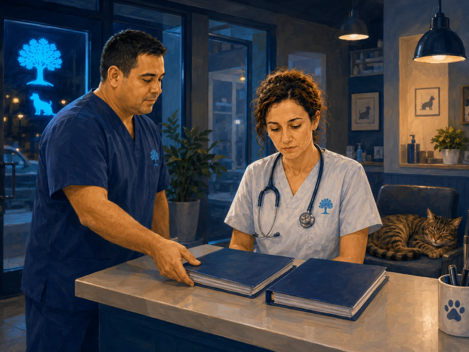 Diego deja a Marta las tres propuestas del laboratorio en la recepción de Clínica El Roble