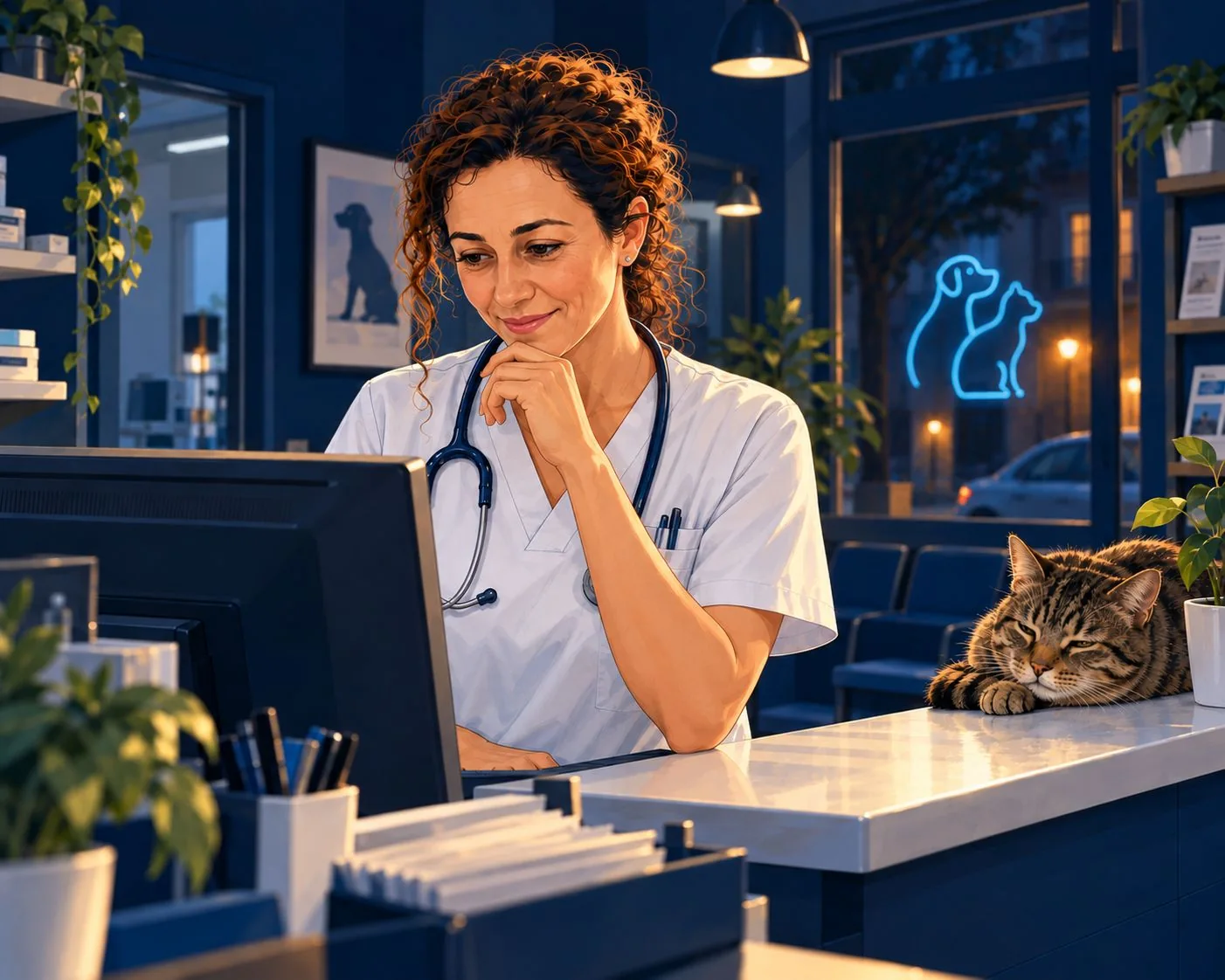 Marta olha para um computador na receção do El Roble, com o gato Roble ao lado.