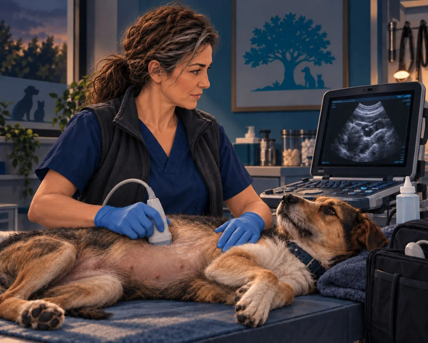 Nuria faz uma ecografia a um cão deitado na mesa de exame.