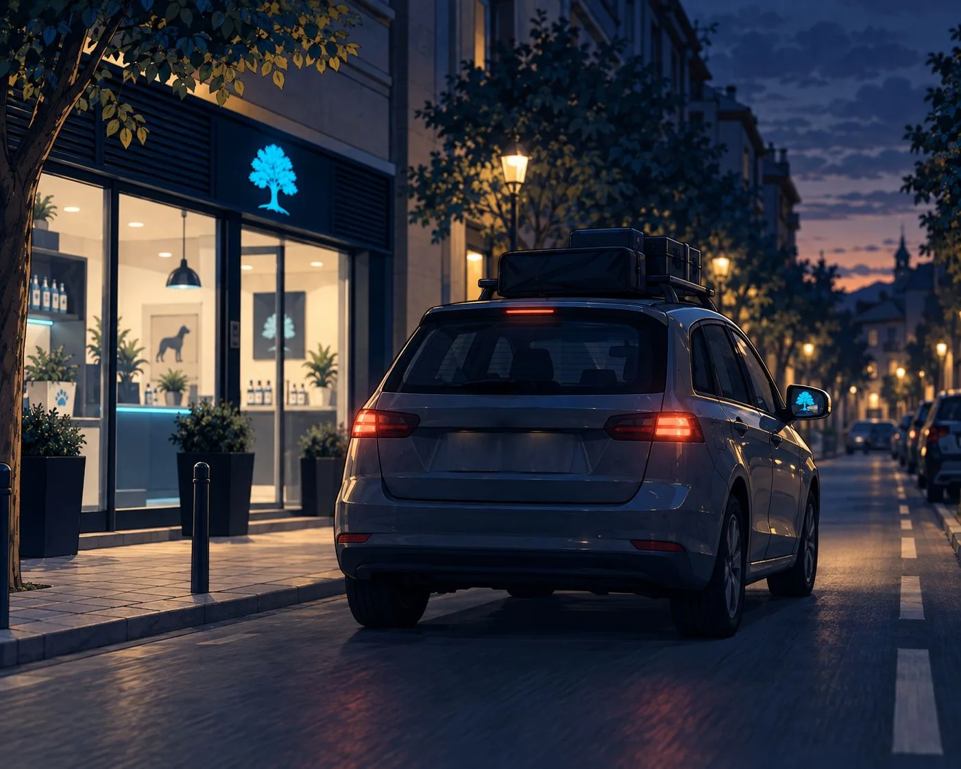 Um carro junto à entrada iluminada da Clínica El Roble ao anoitecer.