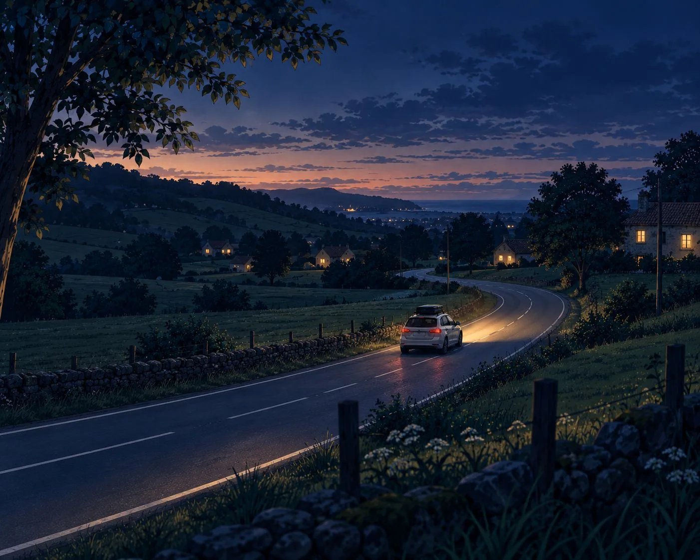 Um carro percorre uma estrada rural ao anoitecer.