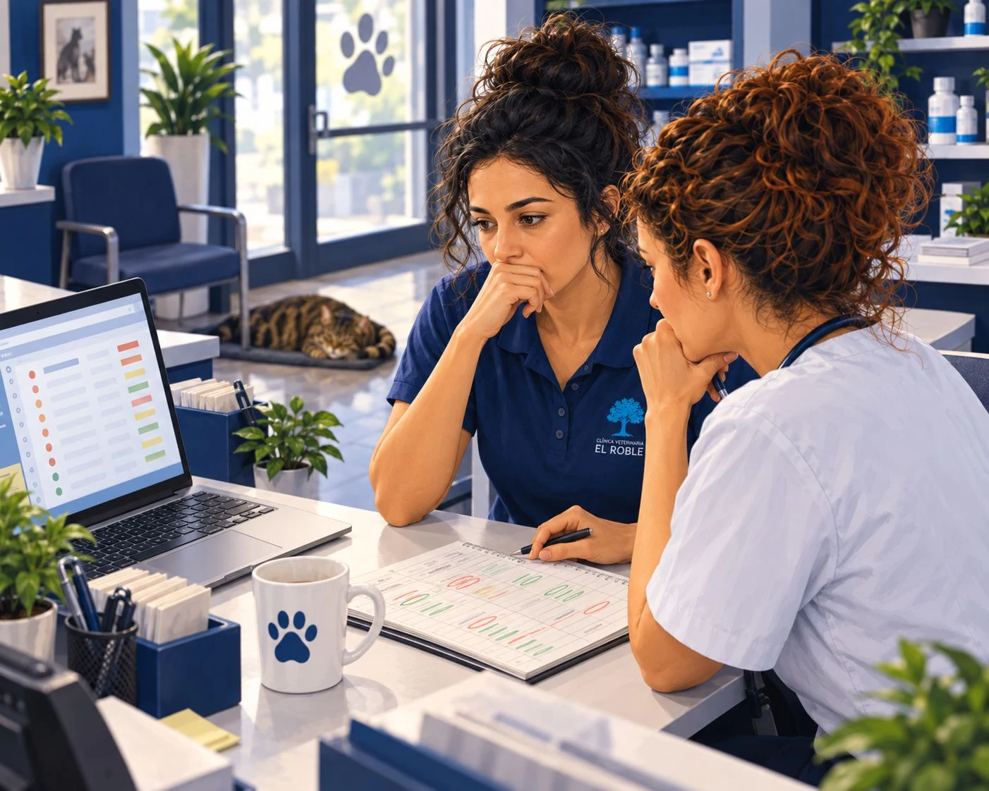 Marta and Sara compare the dashboard with the follow-up spreadsheet.