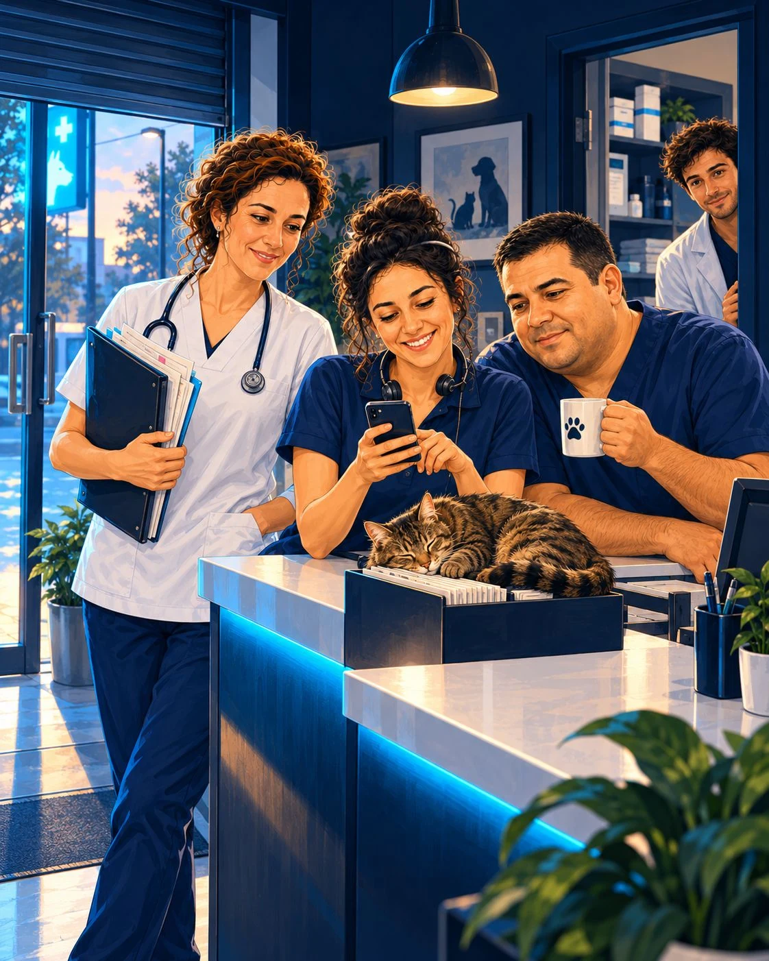 Marta holds a folder, Sara looks at her phone, Diego has a mug and Hugo stands in the doorway; Roble sleeps on the index cards.
