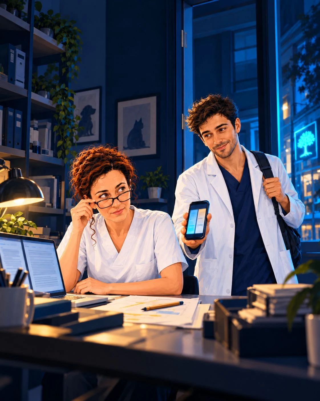 Marta sits in the office with the documents open; Hugo shows her a notebook on his phone.