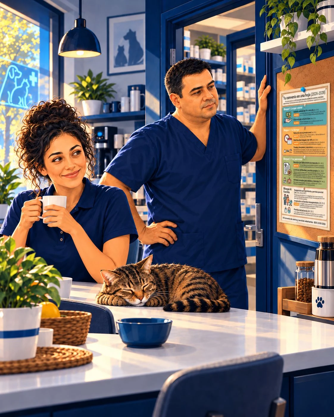Diego reads the notice-board sheet; Sara holds a mug and Roble sleeps on the counter.