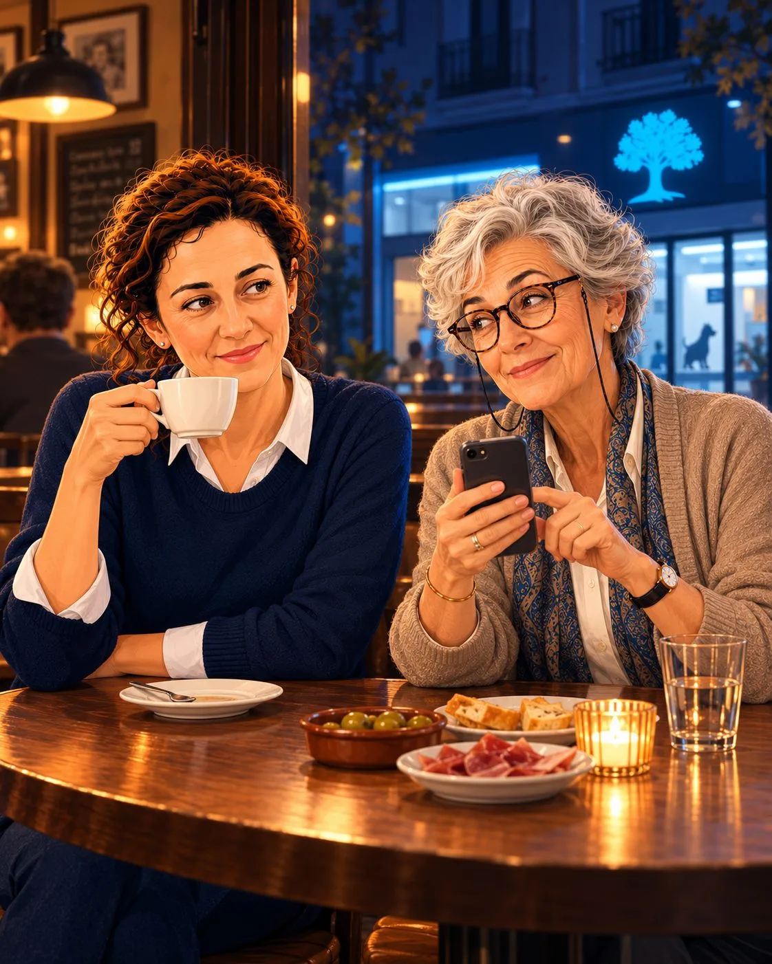 Amparo e Marta sentadas à mesa do café; pela vitrina vê-se, ao fundo, o letreiro da El Roble sobre o passeio molhado.