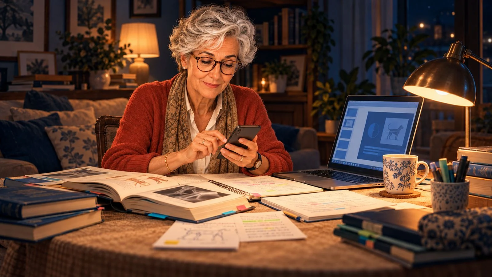 Amparo, de noche en su salón, escribe un mensaje en el móvil junto a una mesa llena de libros y un portátil.