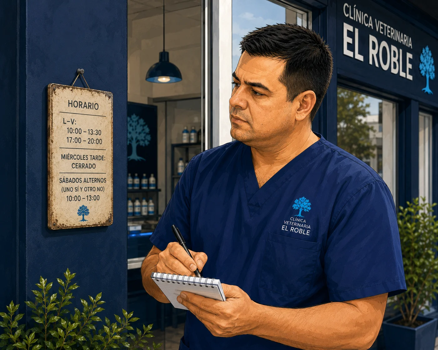 Diego em frente a Clínica El Roble a olhar para o horário com expressão preocupada e caderno na mão