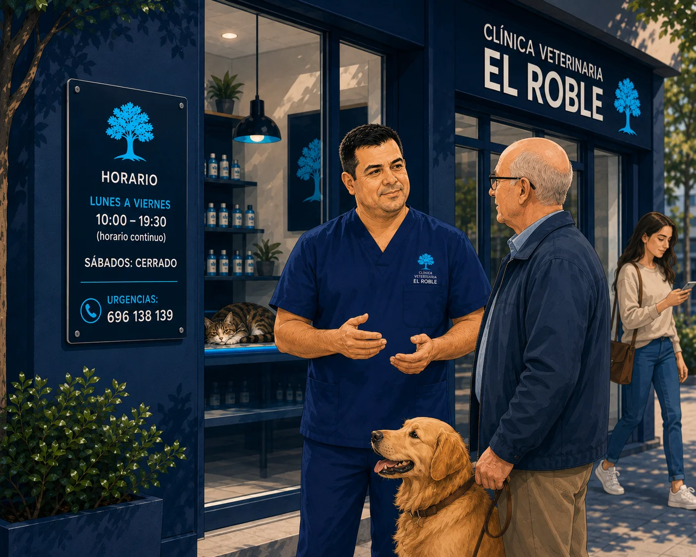Diego sorridente a falar com um cliente e o seu cão golden em frente à Clínica El Roble com horário atualizado